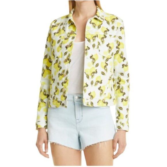 NWOT L'AGENCE Yellow Celine Lemon Print Stretch Cotton Trucker Jacket (S) - Picture 2 of 13
